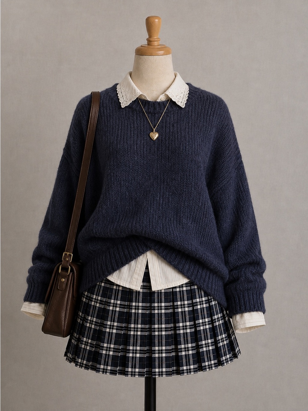 H&M Navy and White Plaid Pleated Skirt